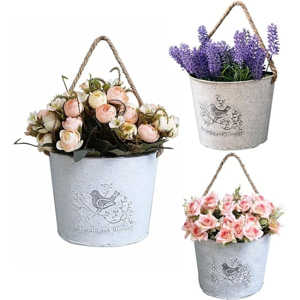 Set med 3 hängande blomkorgar - galvaniserade väggkrukor för gårdsdekoration - halvcirkelformade blomkrukor för inre eller yttre väggdekoration