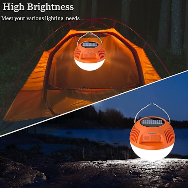 Solcellscampinglykta, USB-laddningsbar LED-ficklampa, Vattentåligt nödljus, 3 lägen, Utomhustältlampa för strömavbrott, trädgård, fiske,