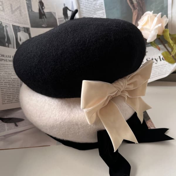 Fleece-kantet sløjfe beret berømthed temperament maler hat efterår og vinter uld hat kvinders one size fits all