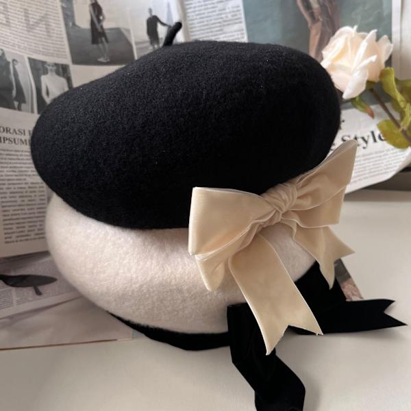 Fleece-kantet sløyfe beret kjendis temperament malerhatt høst og vinter ullhatt dame one size fits all