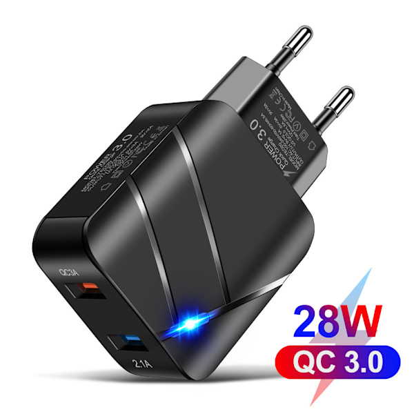 Dobbel USB QC3.0+2.1A Multi-port Rask Lading Mobiltelefonlader Dobbel Port Europeisk Standard