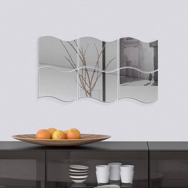 6 stk speil veggklistremerke sølv selvklebende veggspeil bølgeform D