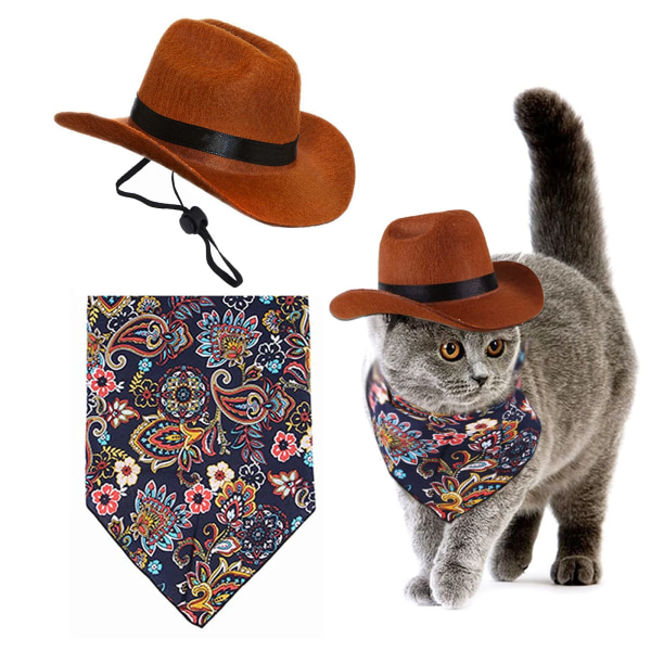 2-delt kæledyrscowboytøjstilbehørssæt, kat og hund kæledyrscowboy justerbar hat og bandana-tørklæde Western cowboytilbehør Størrelse S(S)