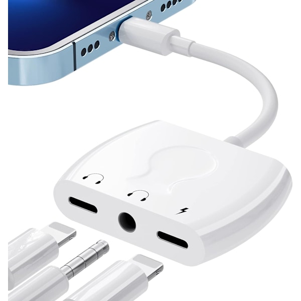 iPhone-hörlursadapter, 4 i 1 hörlursadapter för iPhone Dual Plug Lighting till 3,5 mm hörlurar, kompatibel med iPhone 14/13/12/11/X/8/7, Lighti