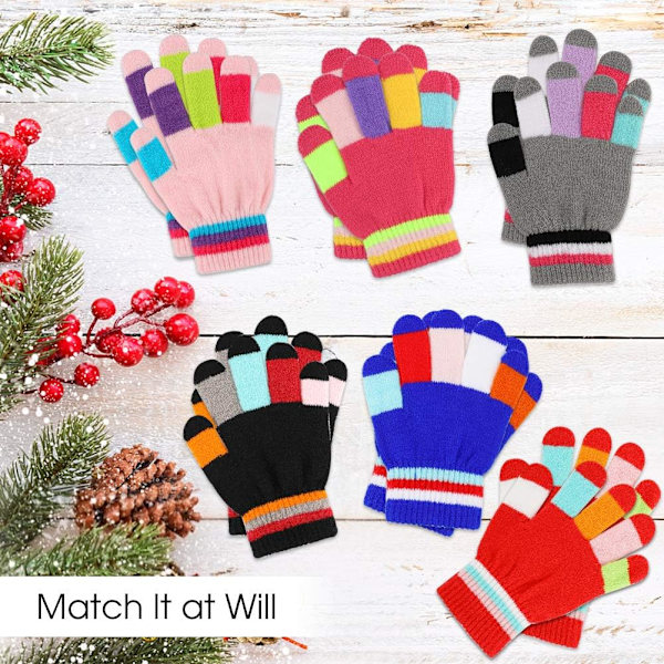Barnvantar Vinter Stickade Färgglada Randiga Vantar Magiska Hel Finger Vantar Stretchiga Varma Vantar för Pojkar och Flickor, Unisex, 5-10 År Gamla, 6 Par