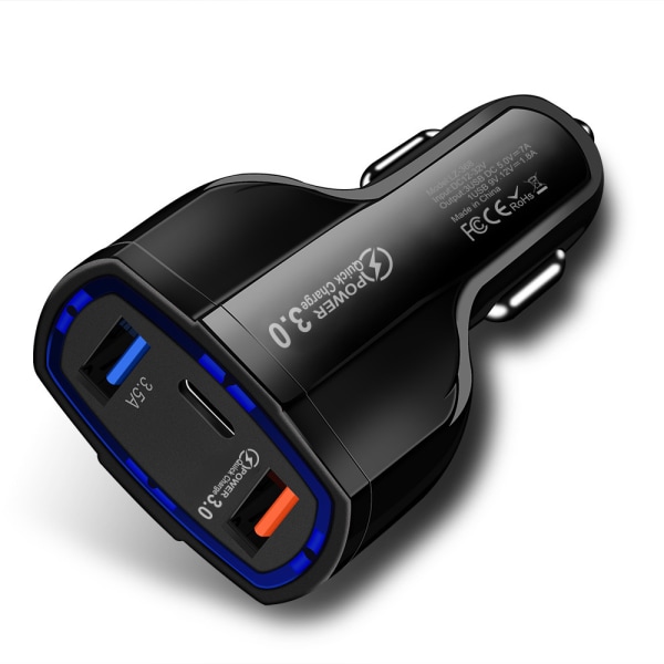 LED-lysende bilmobiltelefonlader med QC3.0, en-til-tre, dobbel USB med type-C-grensesnitt
