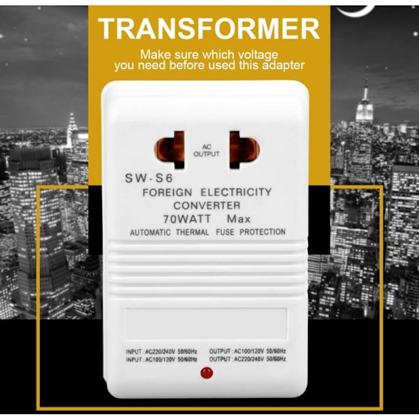 70W Spenningsomformer Transformator 110V/120V til 220V/240V, CN Standard Plugg
