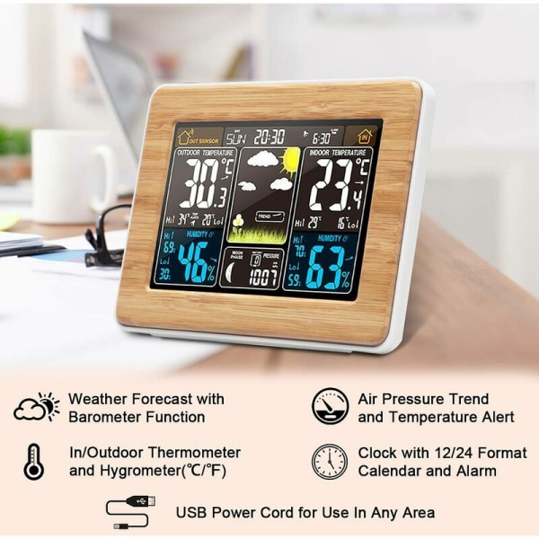 Trådløs innendørs utendørs termometer værstasjon, digital hygrometer barometersensor, fargeskjerm værmeldingsstasjoner med klokke og justering