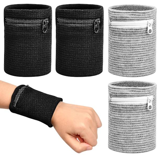 Svart + Grå - handledsskydd, 4-pack handledsskydd med dragkedja, sport handledsskydd, absorberande sport handledsskydd, med fickor, nycklar, silver, korthållare för löpning