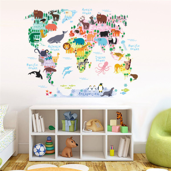 Eläinten maailmankartta (suuri) Lasten seinätarrat Tarrat Kuori ja Stick