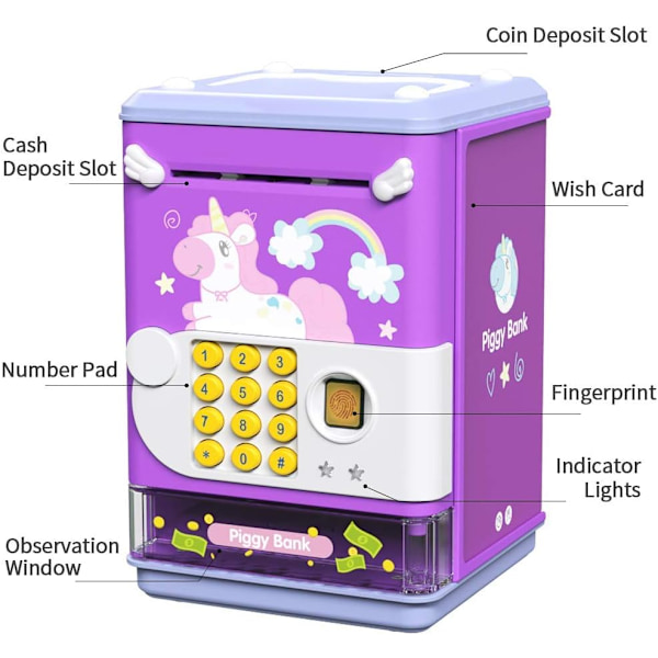 Sianpossu-lelu, elektroninen minipankkiautomaatti, säästöautomaatti PIN- ja sormenjälkitunnistuksella, simuloitu musiikkilaatikko lapsille 3-8-vuotiaille, pojille ja tytöille (violetti)