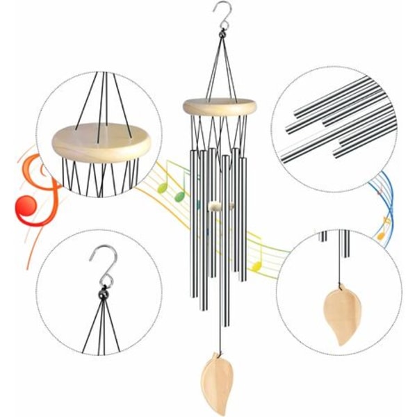 Vindklokkespill, utendørs innendørs vindklokkespill med 6 aluminiumsrør, dekorative vindklokkespill i metall for hage, hjem, balkong (sølv)