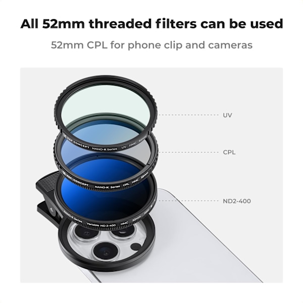 52mm Clip-on CPL Telefon Kameralins Filter Kit Kompatibel med iPhone 15 14 13 12 11