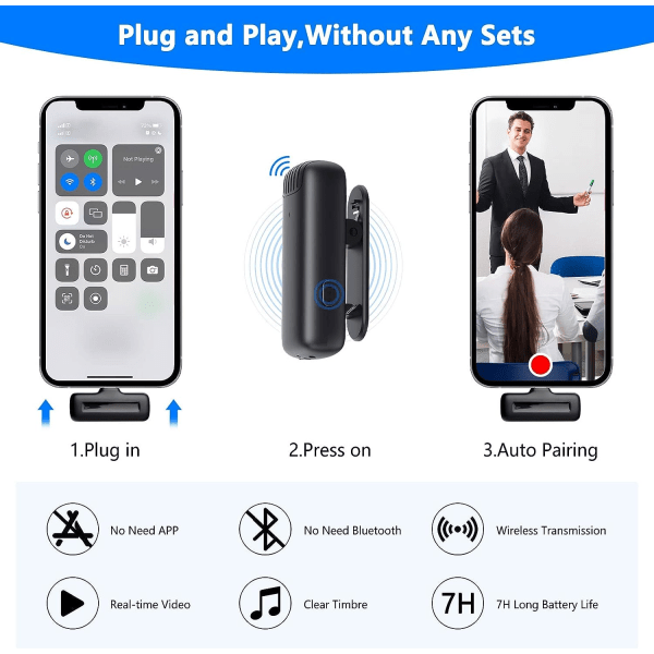 2-pack trådlös lavaliermikrofon för iPhone iPad med laddningsfodral, 7H professionell sladdlös minikrofon med klämma, mikrofon för Vi