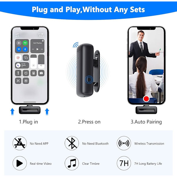 2-pak trådløs lavaliermikrofon for iPhone iPad med ladetaske, 7H professionel reversmikrofon trådløs minimi