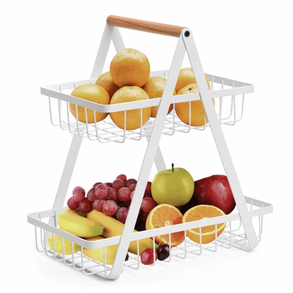 2-lags fruktkurv, fruktskål i metall Brødkurver Benkeplate Vegetabilsk oppbevaringsstativ for kjøkken, hvit