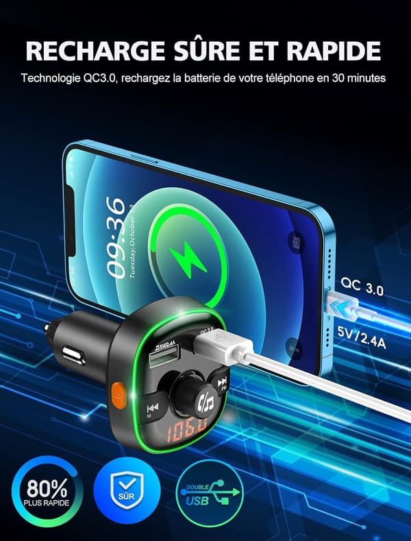 Bluetooth Bil, Quick Charge QC3.0 Bluetooth 5.0 FM Transmitter med 7 Farver LED Baggrundsbelysning 2 USB-porte, Bil Bluetooth Adapter Håndfri Opkald Suppor