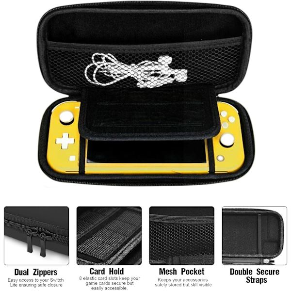 (Svart) 1 stk Nintendo Switch Lite-etui, hardt etui for Nintendo Switch Lite-konsoll, inkluderer 8 spillkort, JoyCon og annet tilbehør.