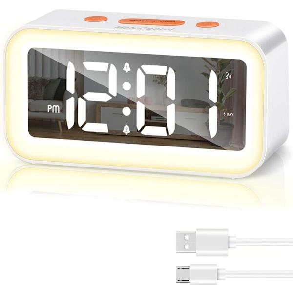 Digital väckarklocka, digital klocka med ljus övre snooze-funktion 2 alarm 12/24h drivs av USB vit