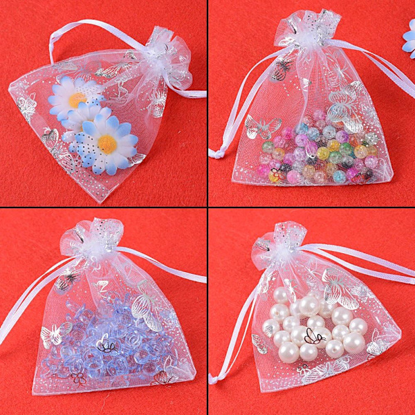 (9 * 12 cm) 100 st bröllopsfestgåva presentpåsar i organza med fjärilsmönster för gäster.