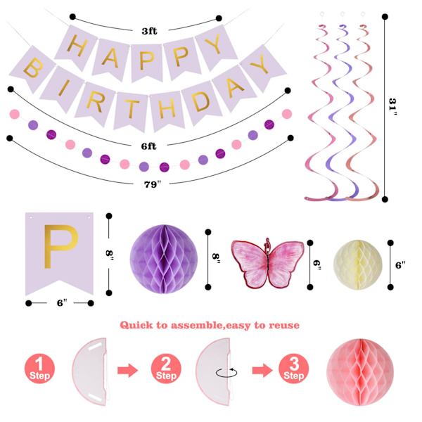 Lila Dekorationer för Födelsedag - Lila Happy Birthday Banner med Honeycomb Bollar, Fjärilshängande Virvlar, Polka Dot Girlang Dekorationer -