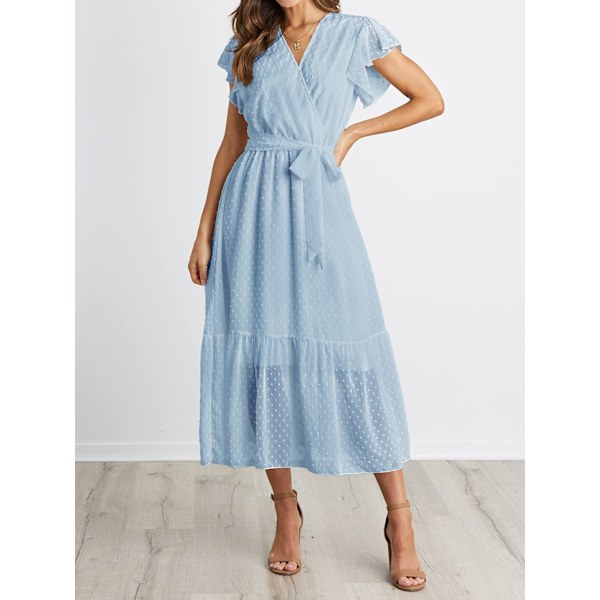 Sommarklänning för kvinnor, Boho, blommig, casual, wrap, maxiklänning, V-ringning, volang, ärmlös, bälte, A-linje, plisserad fåll, solklänning