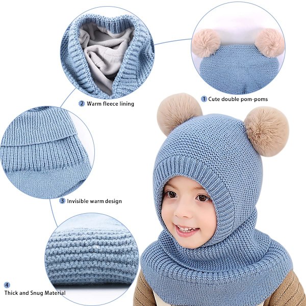 Børne Vinter Varm Hue Halstørklæde, Varm Strikket Hætte Hue, Ørevarmere, Dobbelt Pom Pom Design, Hue Hat, Fleece For, Til Småbørn Piger Drenge (Blå)