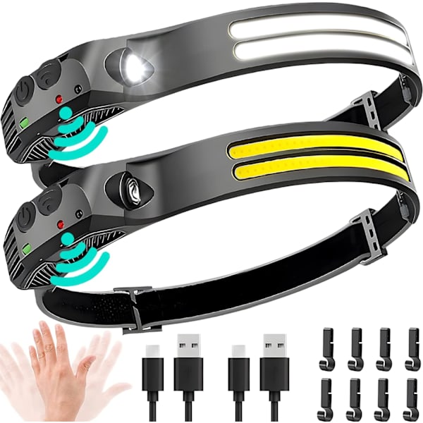 Genopladelig pandelampe 2 stk. - 230° COB superlys pandelampe, voksen sikkerhedshjelmlampe, USB C pandelampe til arbejde, vandreture, løb, lejr