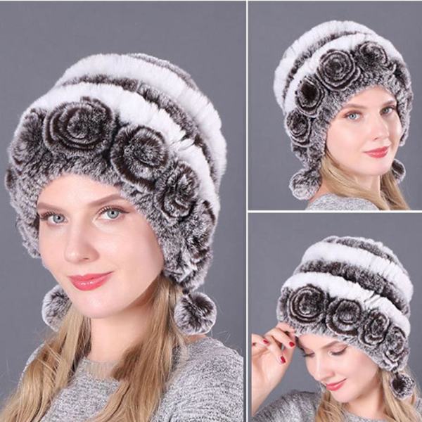 Kvinde Faux Fur Huer, Vinter Faux Fur Huer, Varme Huer med Blomsterstriber, Bløde og Fluffy Huer One Size