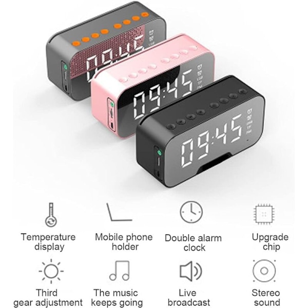 Digital FM Väckarklockradio med USB-laddningsport, LED-display, insomningstimer, portabel spegel, trådlös Bluetooth-högtalare, väckarklocka för sovrum, O