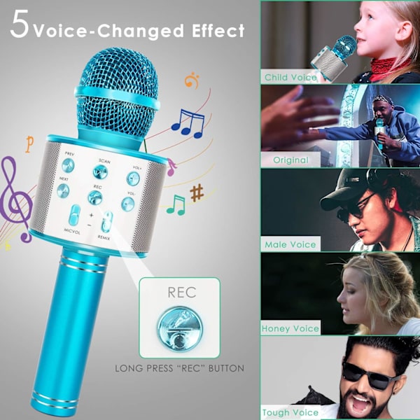 Barn Karaoke Trådlös Bluetooth Mikrofon (Blå), 5 i 1 Bärbar Handhållen Högtalare Spelare Recorder, Justerbar Blandning FM-radio, Lämplig för Barn Vuxna