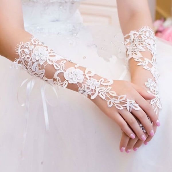 Blomma Lace Maid Handskar Vita Fingerhandskar för Balbröllop