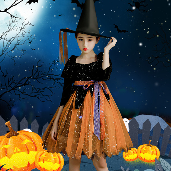 1 sæt Halloween børnekostumer piger heksekjole cosplay maskerade kostume hekse prinsessekjole