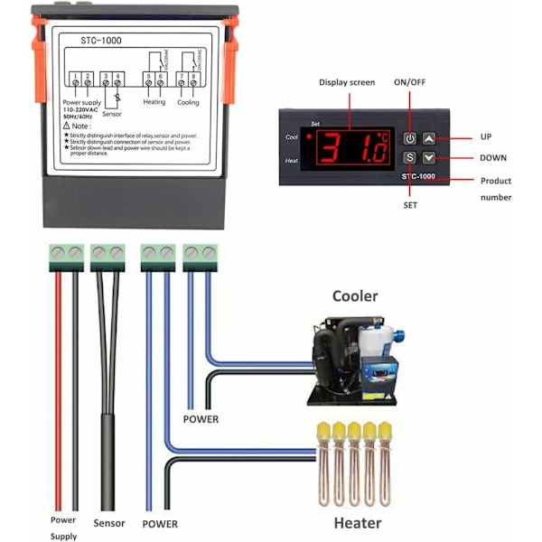 Temperaturkontroller AC 110V-220V, Digital termostat STC-1000 med NTC temperatursensor sond, värme/kyla, 758534mm