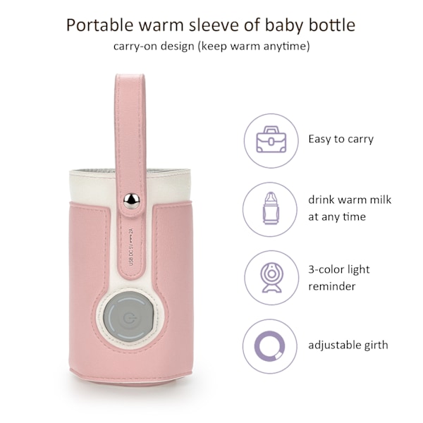 3 Temperaturer Justerbar Bärbar Flaskvärmare, Bärbar Bil Resa Flaskvärmare USB Mjölkvärmare Flaskvärmare(rosa)