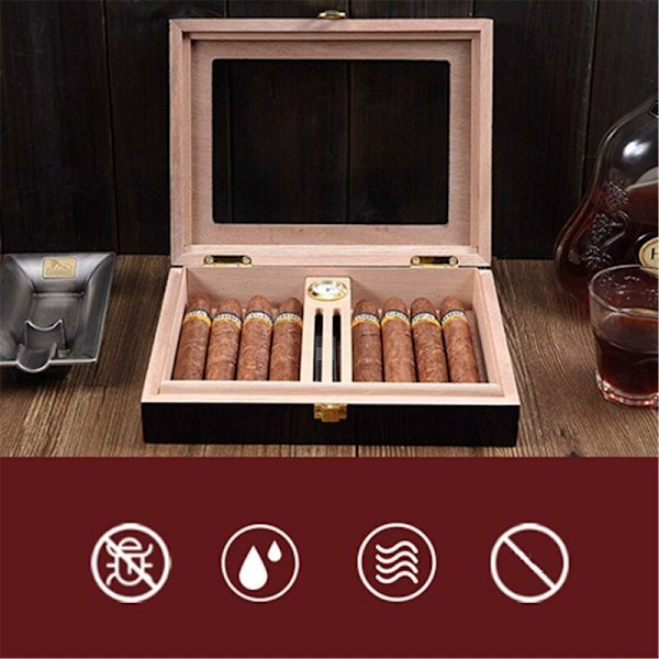 Cigarrskåp, cederträbordlåda med luftfuktare och hygrometer, glaslock. Valnötsfärg.