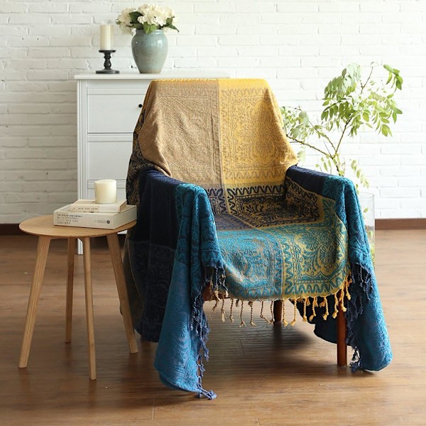 Chenille-pläd, Jacquard-tofsar, dekorativt sofföverdrag, dekorativt stolsöverdrag för soffa, säng, mjuk stol, folkligt tribalmönster (150 x 190 cm, blå)