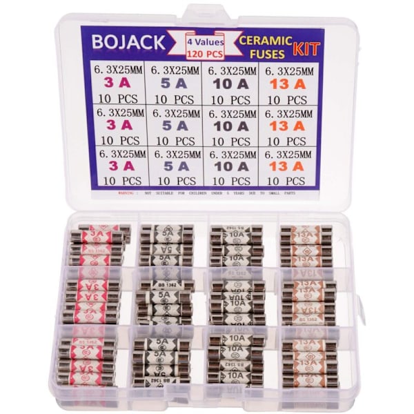 4 Værdier 120 Stykker 3 5 10 13 A Ampere 240 V Volt Hohold Sector F 6.3x25 mm 0.25x1 tomme BS1362 Keramisk rørpatron med fs sortimentssæt