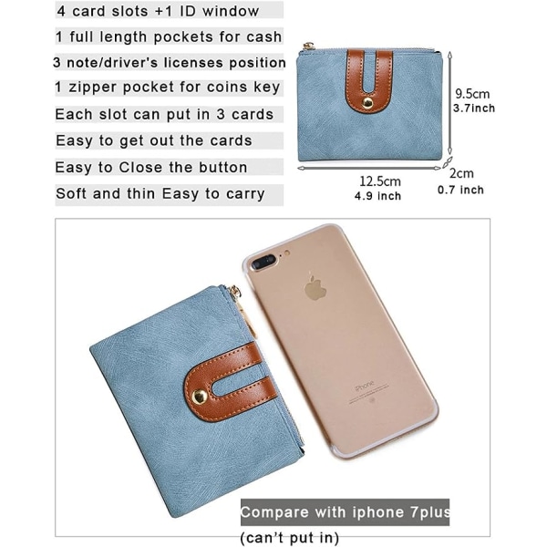 (Blå) Lille RFID læder Bifold tegnebog til kvinder - Mini tegnebog f