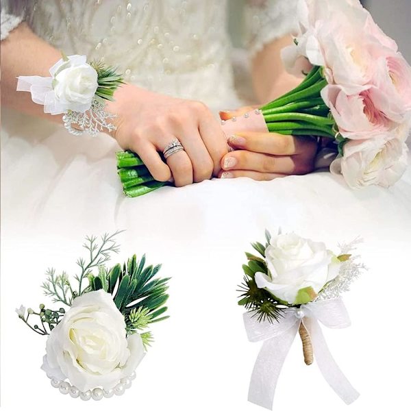 (Hvit) 2 Primula Rose Boutonnieres, Brudgom Boutonnieres og Bryllup Håndledds Boutonnieres, Bryllup Boutonnieres Egnet for Bryllup, Bankett, Jubileum