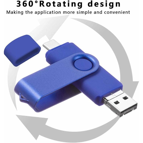2 kpl USB-muistitikku C 64GB USB 2.0 OTG 3 YHDESSÄ Type C USB Micro USB Clef Stick 64gb Flash Drive U Disk PC:lle Android-älypuhelimelle Tabletille (Sininen Musta)