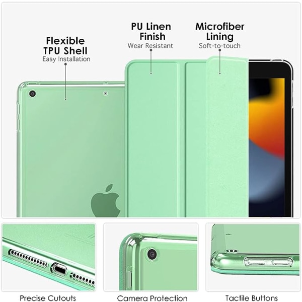 iPad 10.2 Fodral (Grön, iPad ingår ej) för 2021 iPad 9:e generationen/2020 iPad 8:e generationen/2019 iPad 7:e generationen, Mjukt matt baksida med 10,2\" iPad-ställ