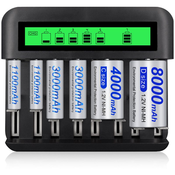 LCD universal batterioplader med 8 pladser og USB-port
