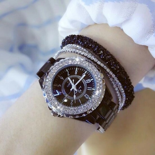 Women's diamond encrusted ceramic watch with personalised digital face