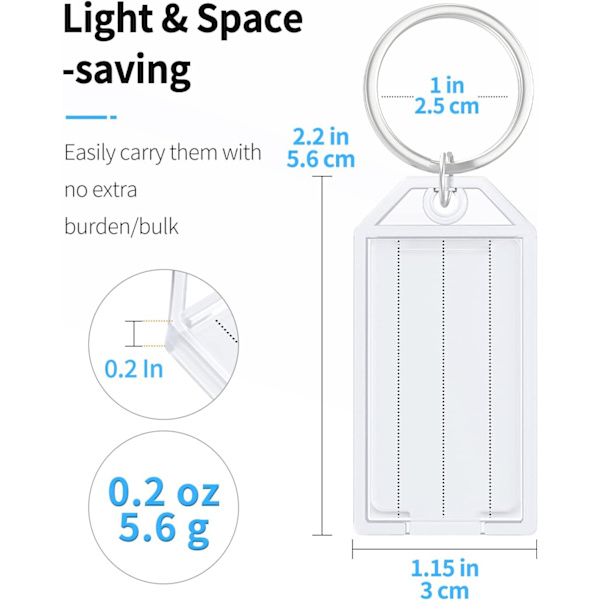 Nøkkelringer i plast med fôrede blanke papiretiketter, gjennomsiktige deksler og splittringer, kraftige artikkelidentifikatorer (Rektangel(20 stk))