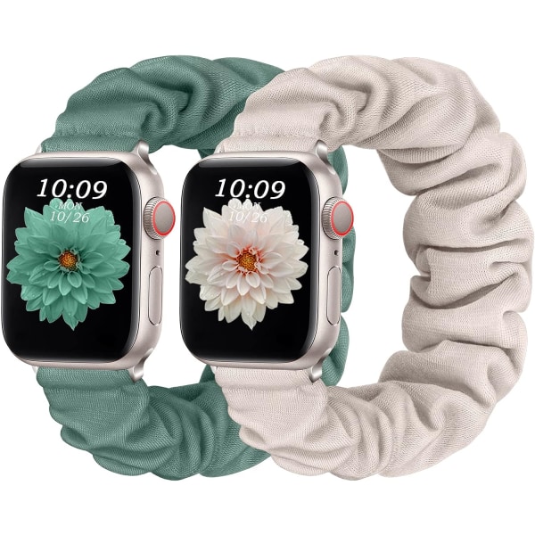 Starlight White/Pine Green - 2 kpl hihnaa, jotka ovat yhteensopivat Apple Watch rannekkeiden kanssa 38 mm 40 mm 41 mm, säädettävät joustavat hiusnauhat iWatch Band S:lle