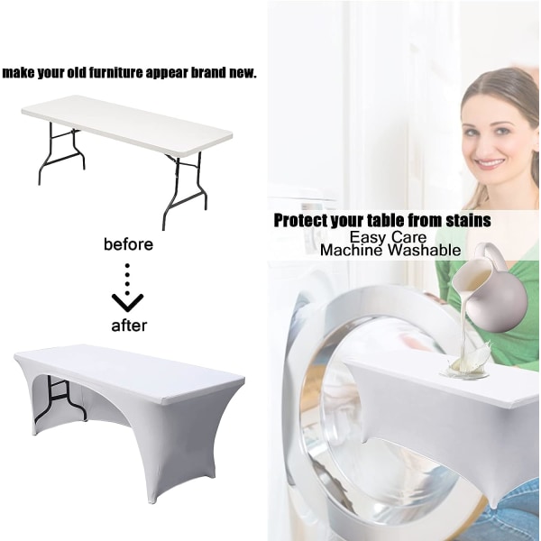 Stretchbara dukar 6ft för rektangulära bord med öppen rygg, monterade spandex rektangulära uteplatsbordsskydd, bröllop, fest, kök, skönhetsevenemang
