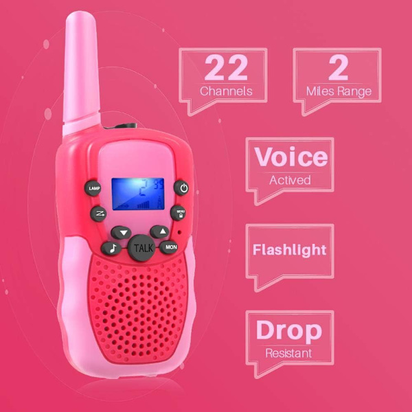 Børne Walkie Talkie, 3-8 år gammel pige legetøj, 9-12 år gammel pige gave, 2-vejs radio med 8 kanaler, 3 miles lang rækkevidde til udendørs eventyr