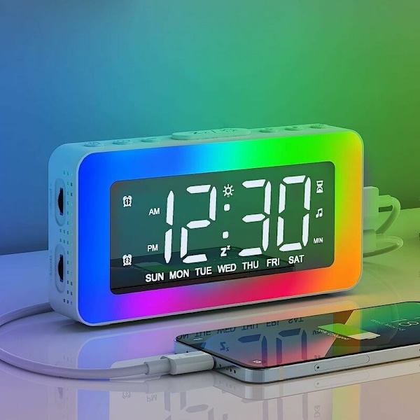 Digital väckarklocka med 2 kraftfulla alarm för djupsömnare, väckarklocka med ljus, timer, 8 vita brus, väckarklocka med laddningsstation