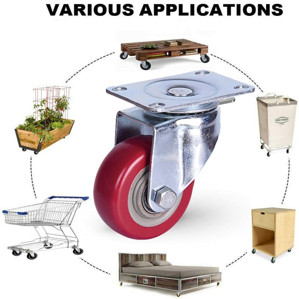 4 x 100 mm möbelhjul med bultar och skruvar, 600 kg vridbara hjul utan broms industriella plattor transport